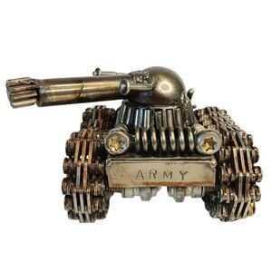 Army Tank Handmade Recycled Scrap Metal Art Or Paperweight Spark Plugs Chains 3"